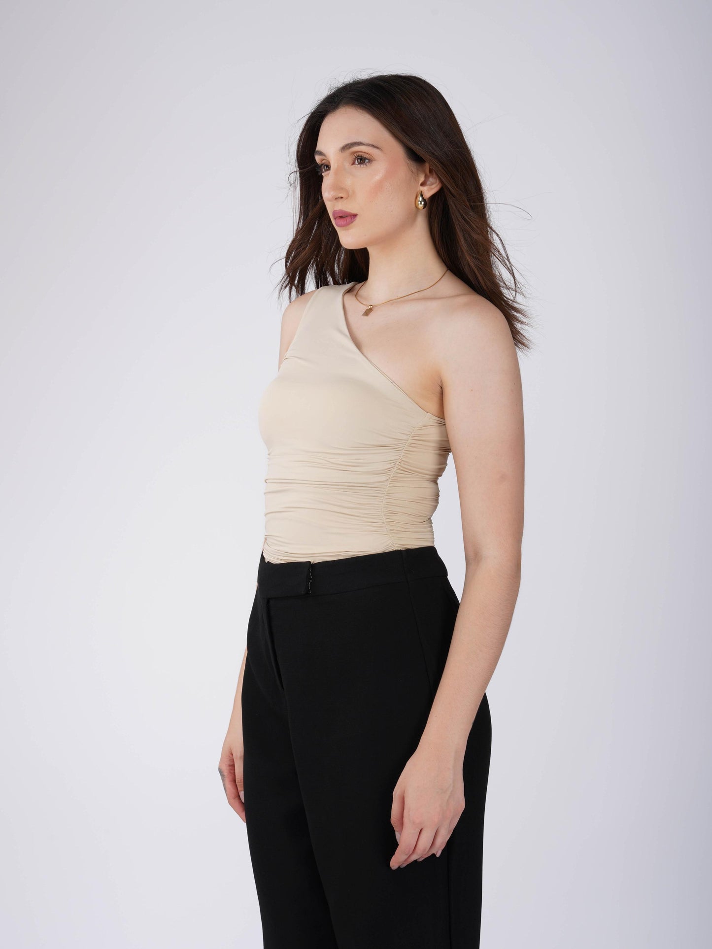 Beige One Shoulder Bodysuit - Halo Bodysuit (Sand)