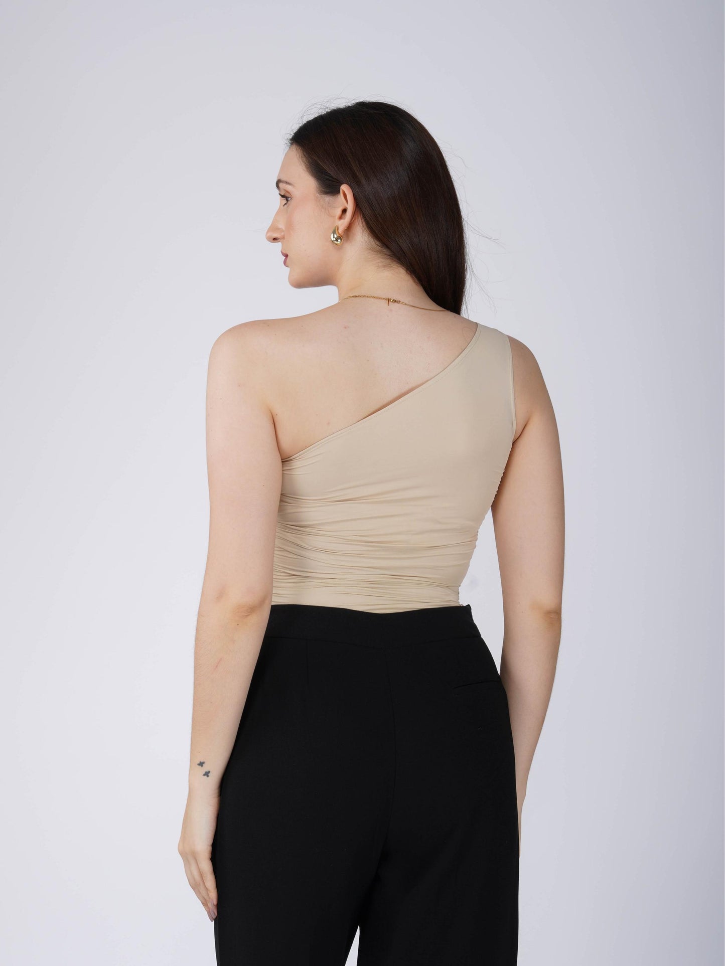 Beige One Shoulder Bodysuit - Halo Bodysuit (Sand)