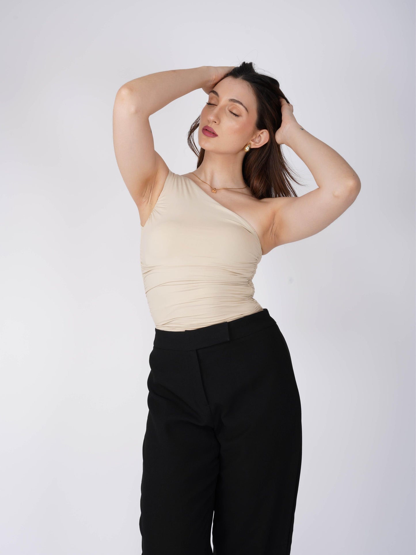 Beige One Shoulder Bodysuit - Halo Bodysuit (Sand)