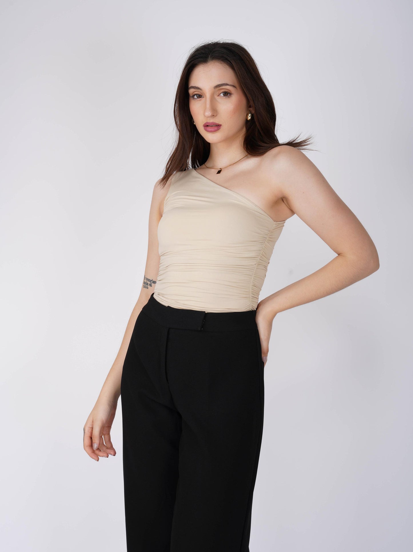Beige One Shoulder Bodysuit - Halo Bodysuit (Sand)