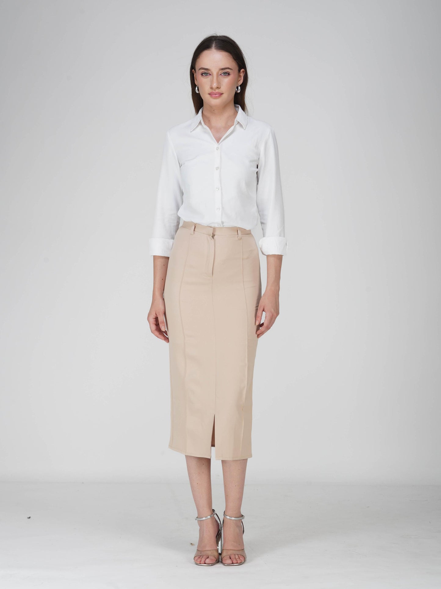 Beige Tailored Slit Skirt - Tide Skirt (Sand)
