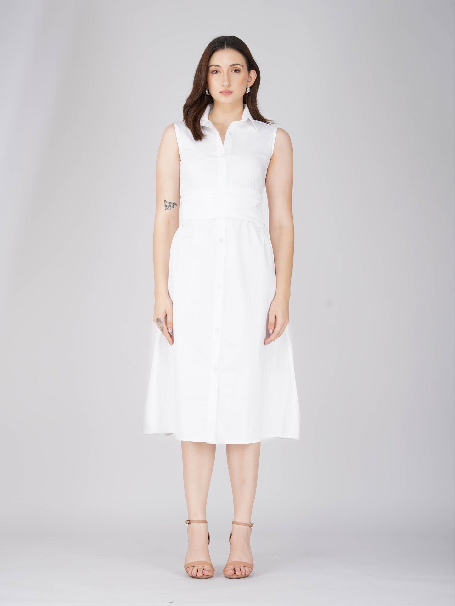 White Button-Up Midi Dress - Stone Dress (Dove)
