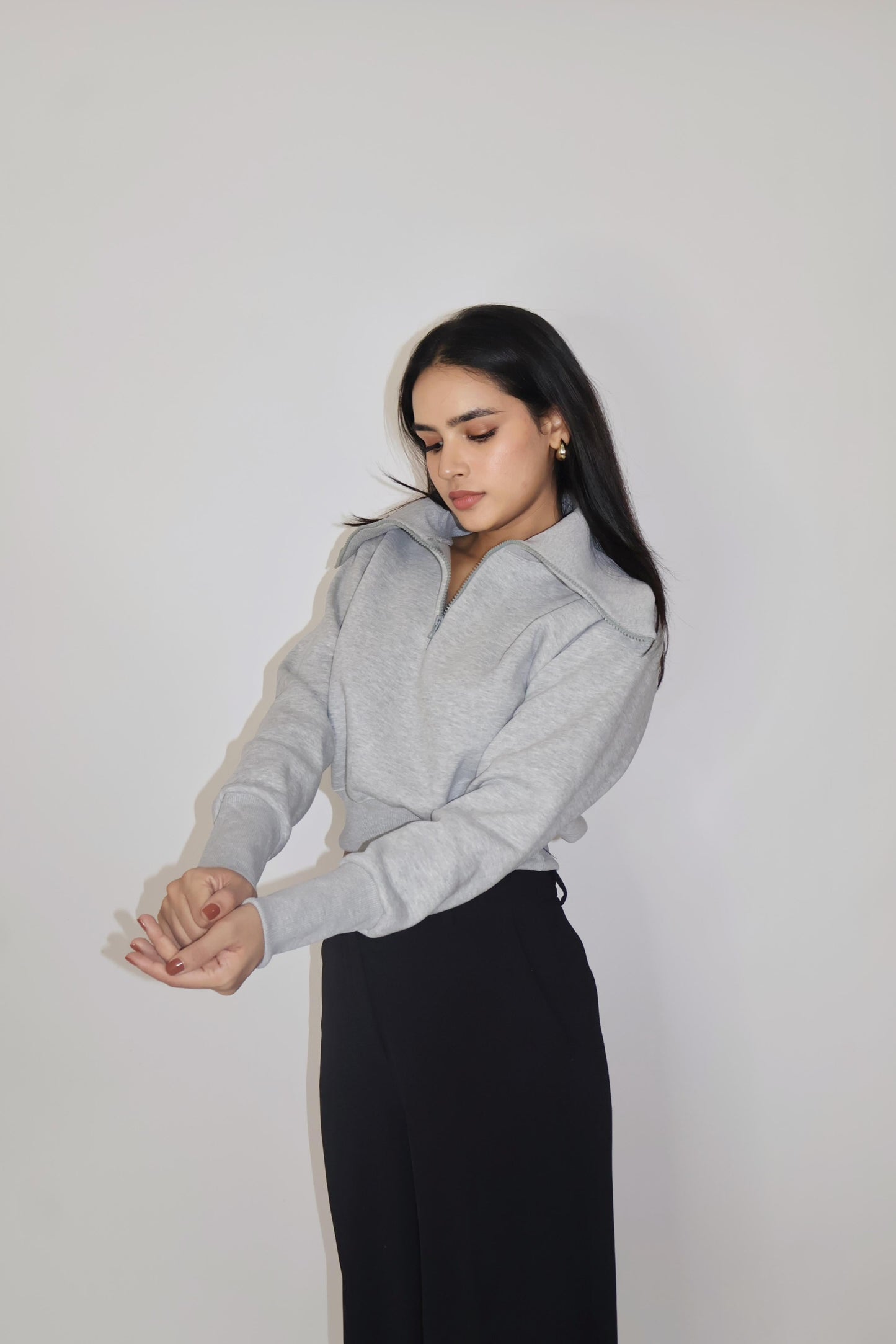 Grey Full Sleeve Cropped Zipper Top - Cropped Zipper (Slate)