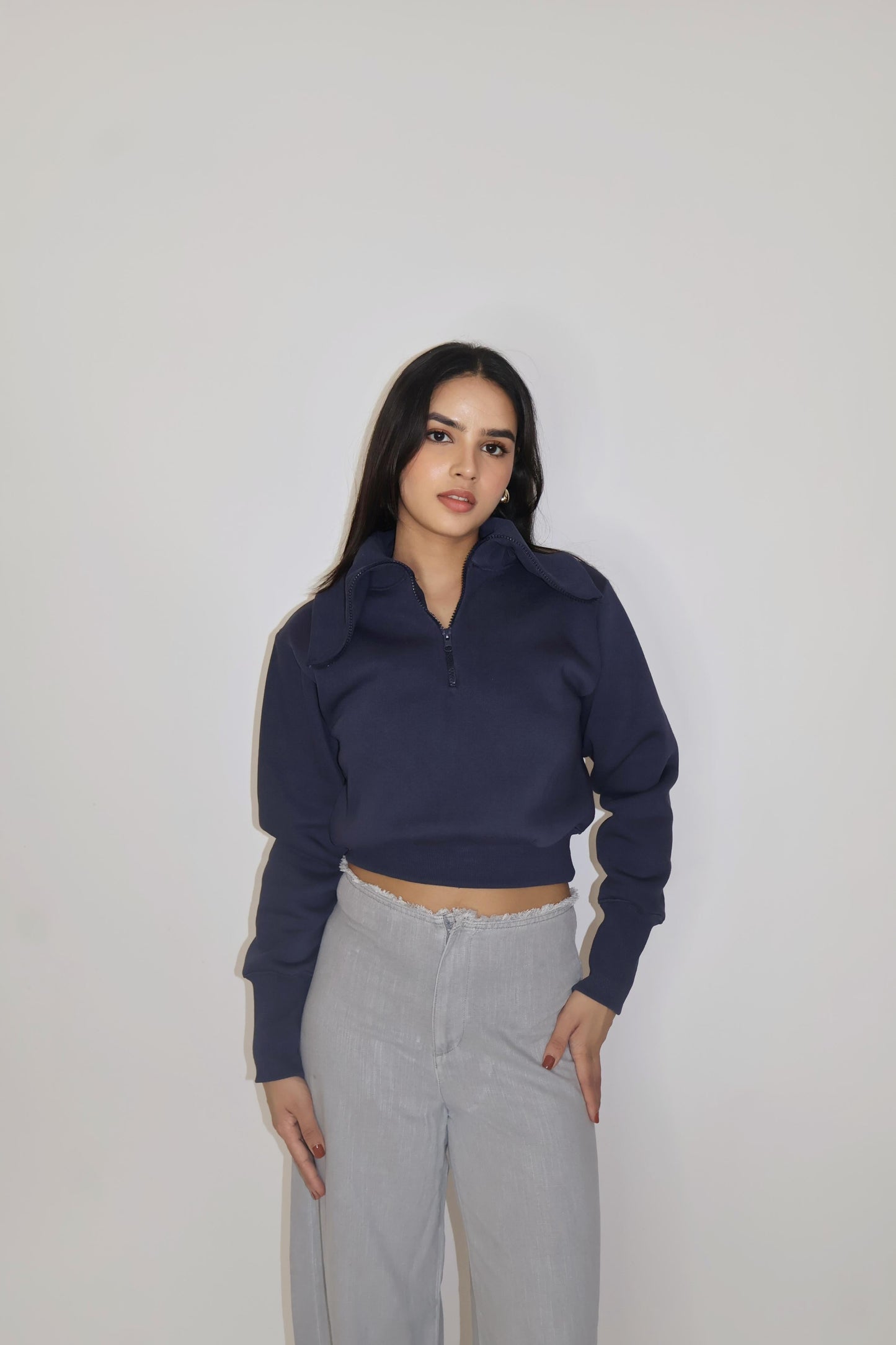 Blue Full Sleeve Cropped Zipper Top - Cropped Zipper (Navy)