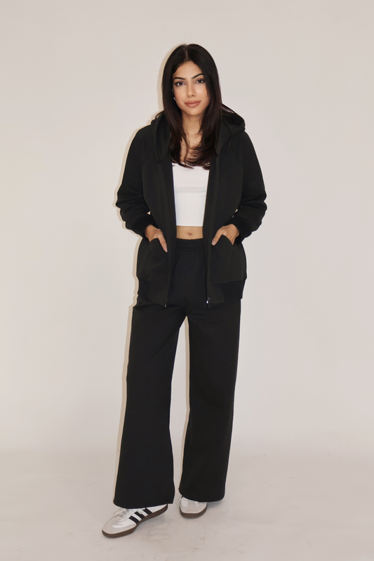 HOODED ZIPPER CO-ORD SET - (Black)
