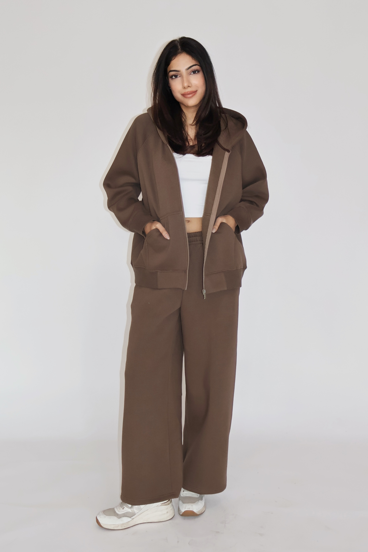 HOODED ZIPPER CO-ORD SET - (Brown)