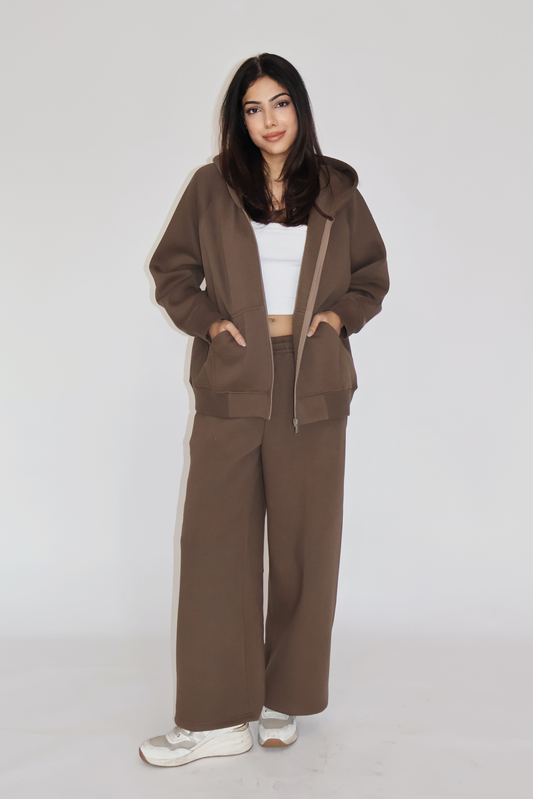 HOODED ZIPPER CO-ORD SET - (Brown)