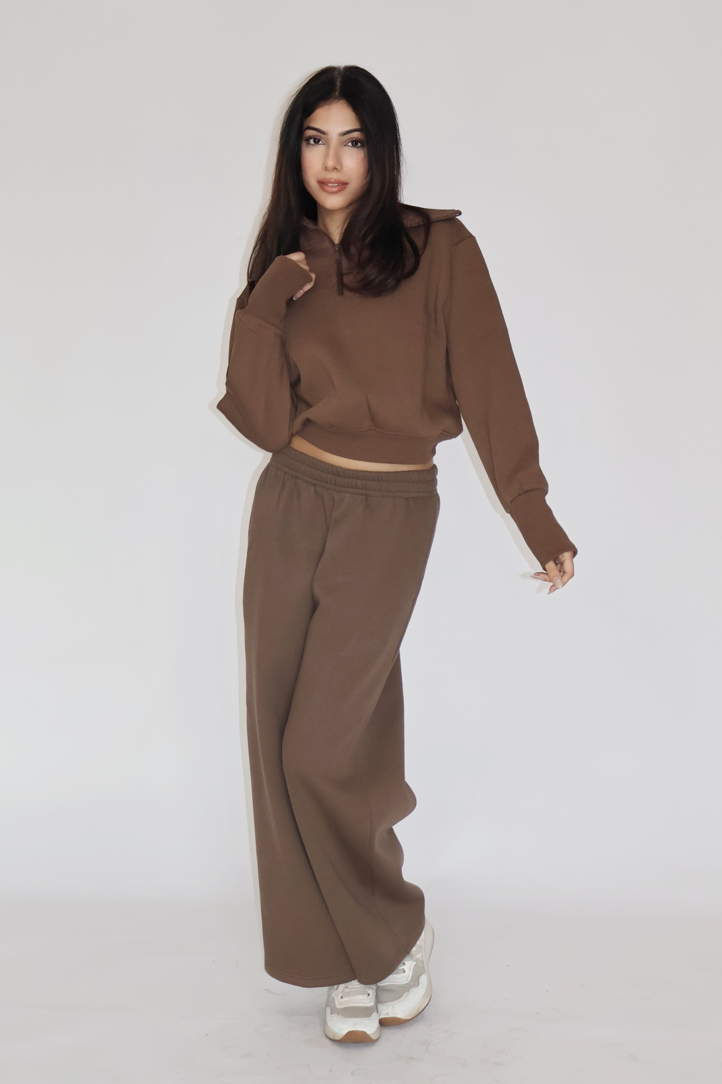 CROPPED ZIPPER CO-ORD SET - (Brown)