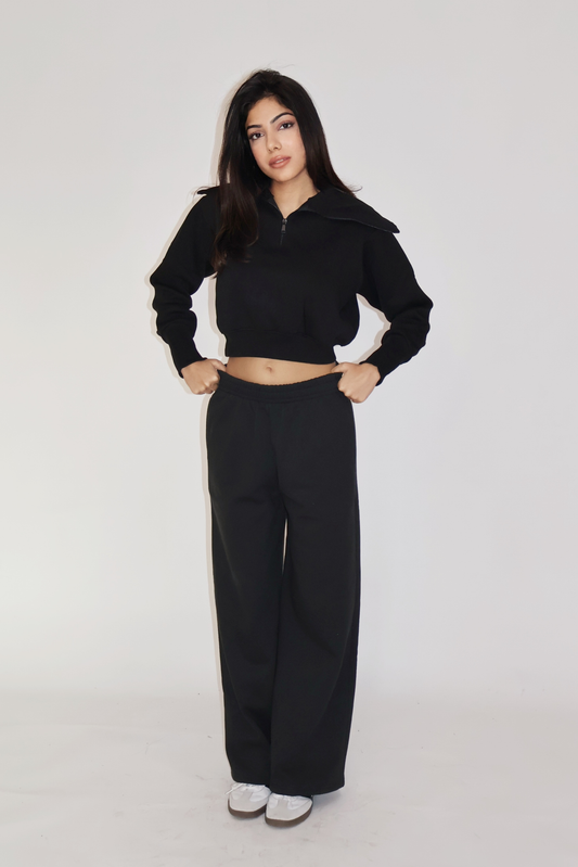 CROPPED ZIPPER CO-ORD SET - (Black)