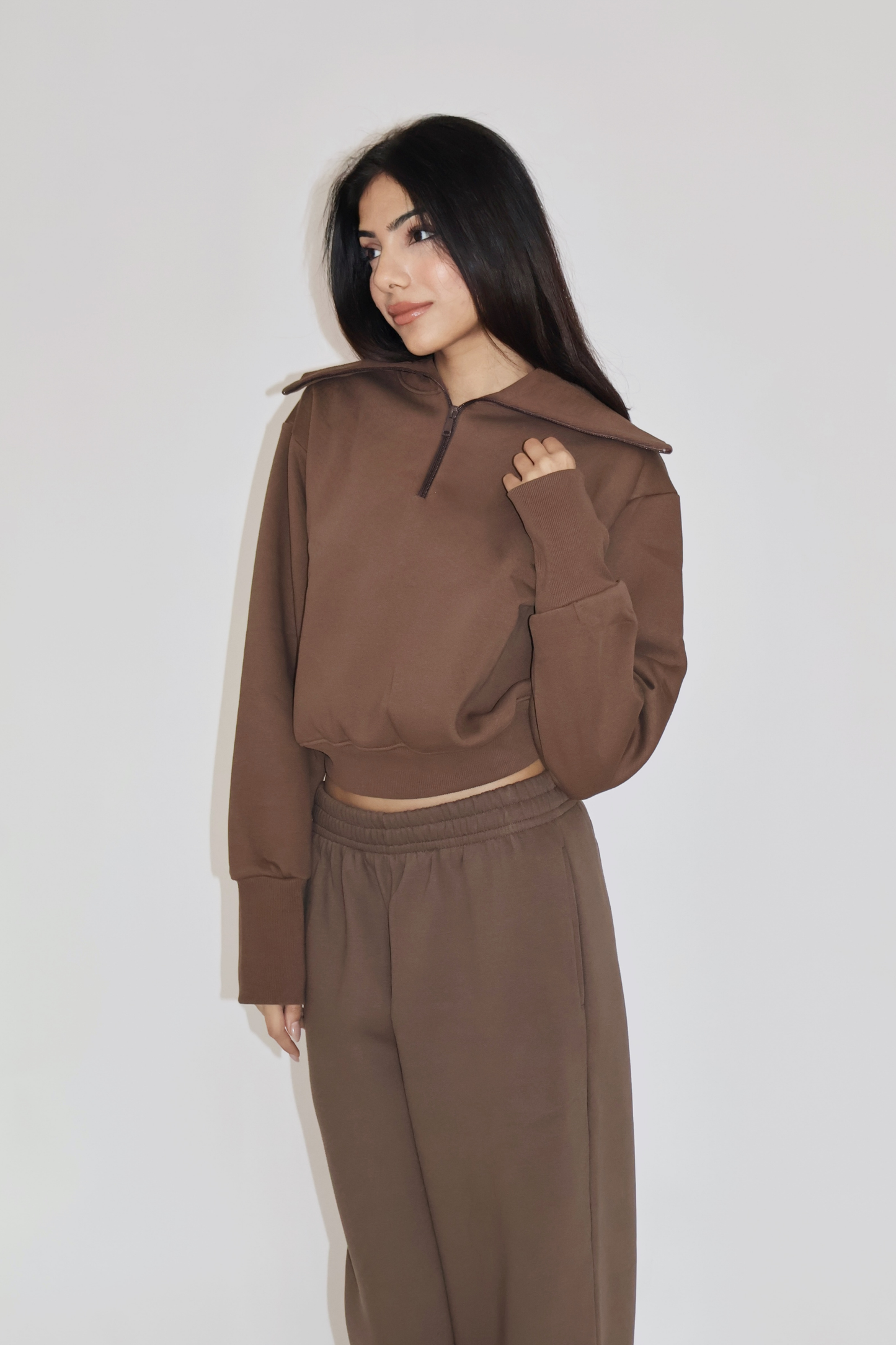 CROPPED ZIPPER CO-ORD SET - (Brown)