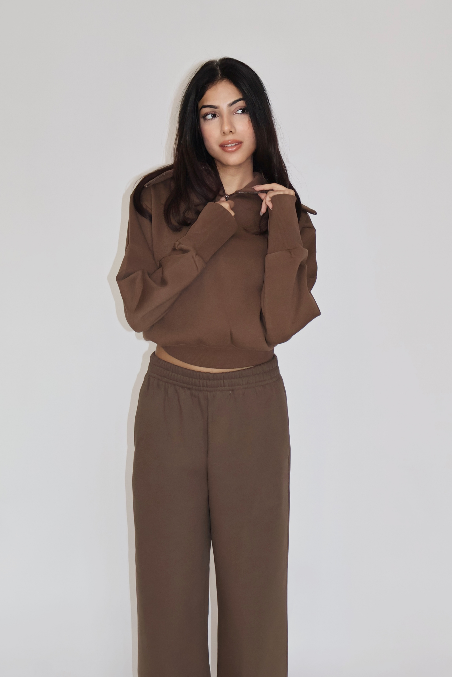 CROPPED ZIPPER CO-ORD SET - (Brown)
