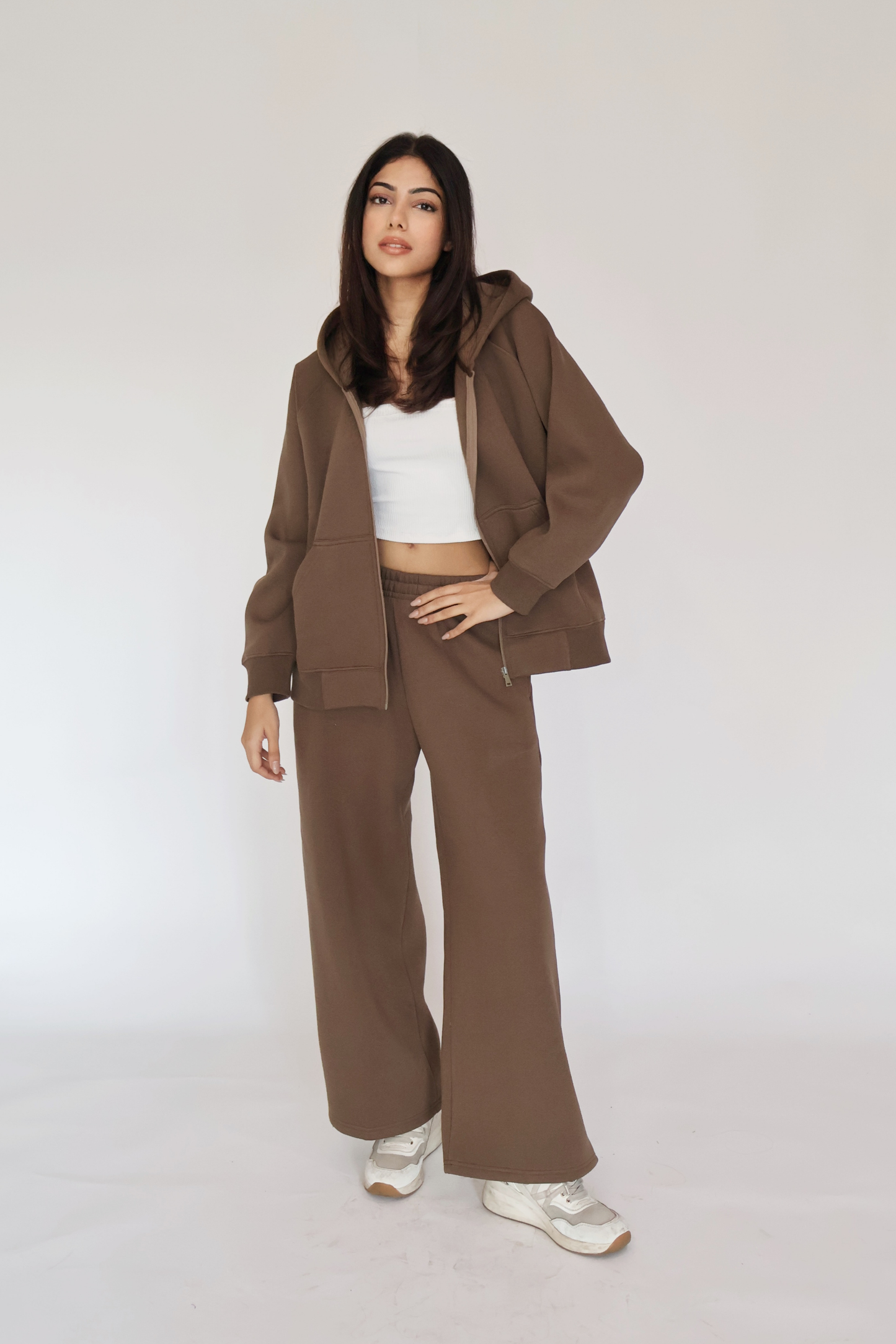 HOODED ZIPPER CO-ORD SET - (Brown)