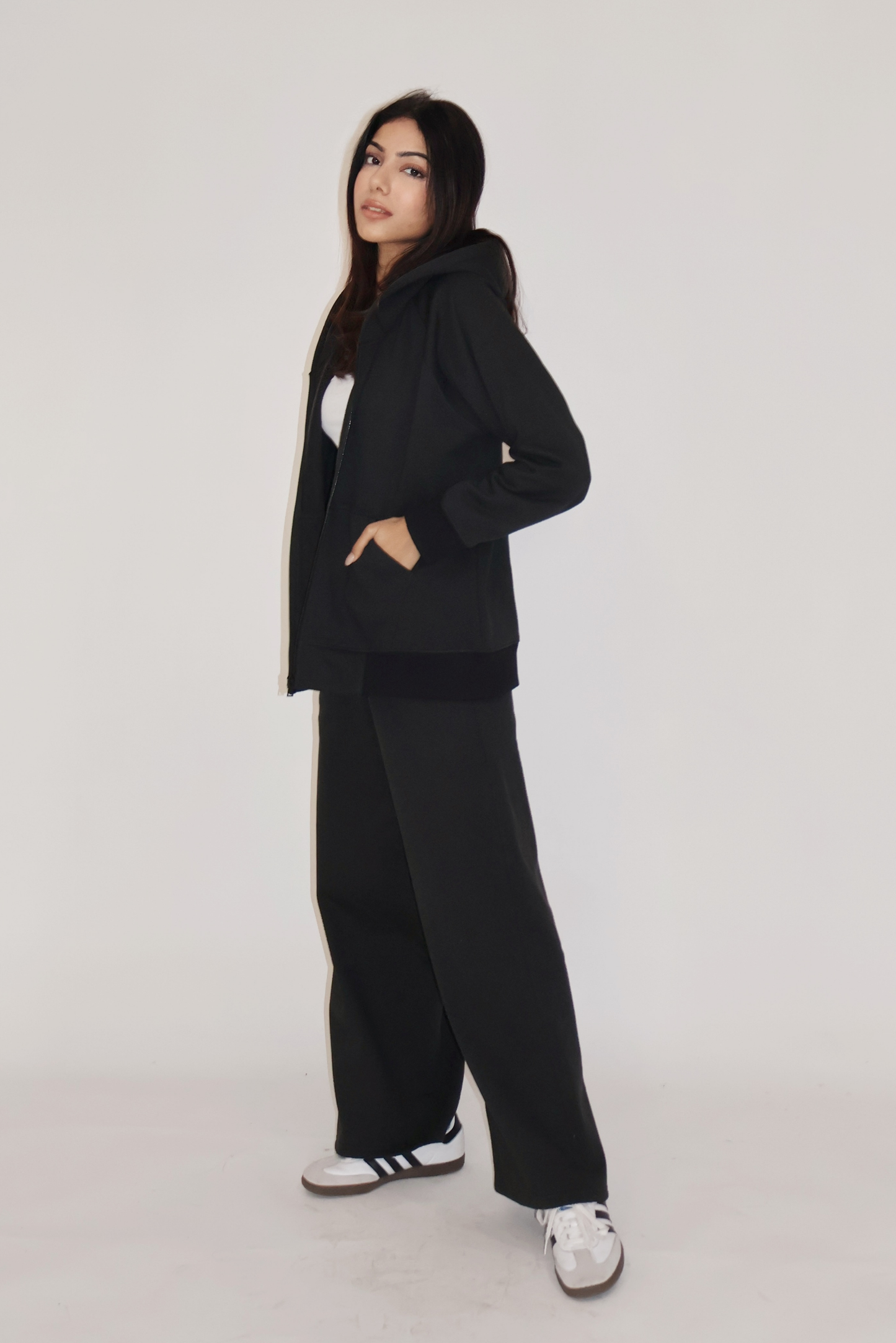 HOODED ZIPPER CO-ORD SET - (Black)