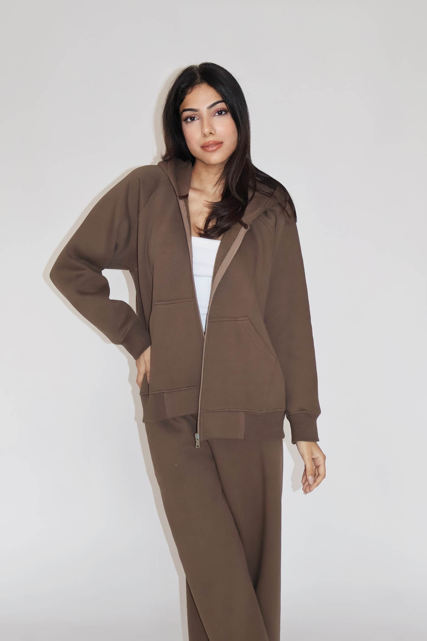 HOODED ZIPPER CO-ORD SET - (Brown)