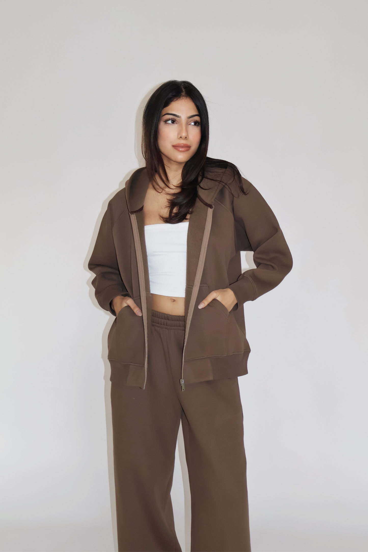 HOODED ZIPPER CO-ORD SET - (Brown)