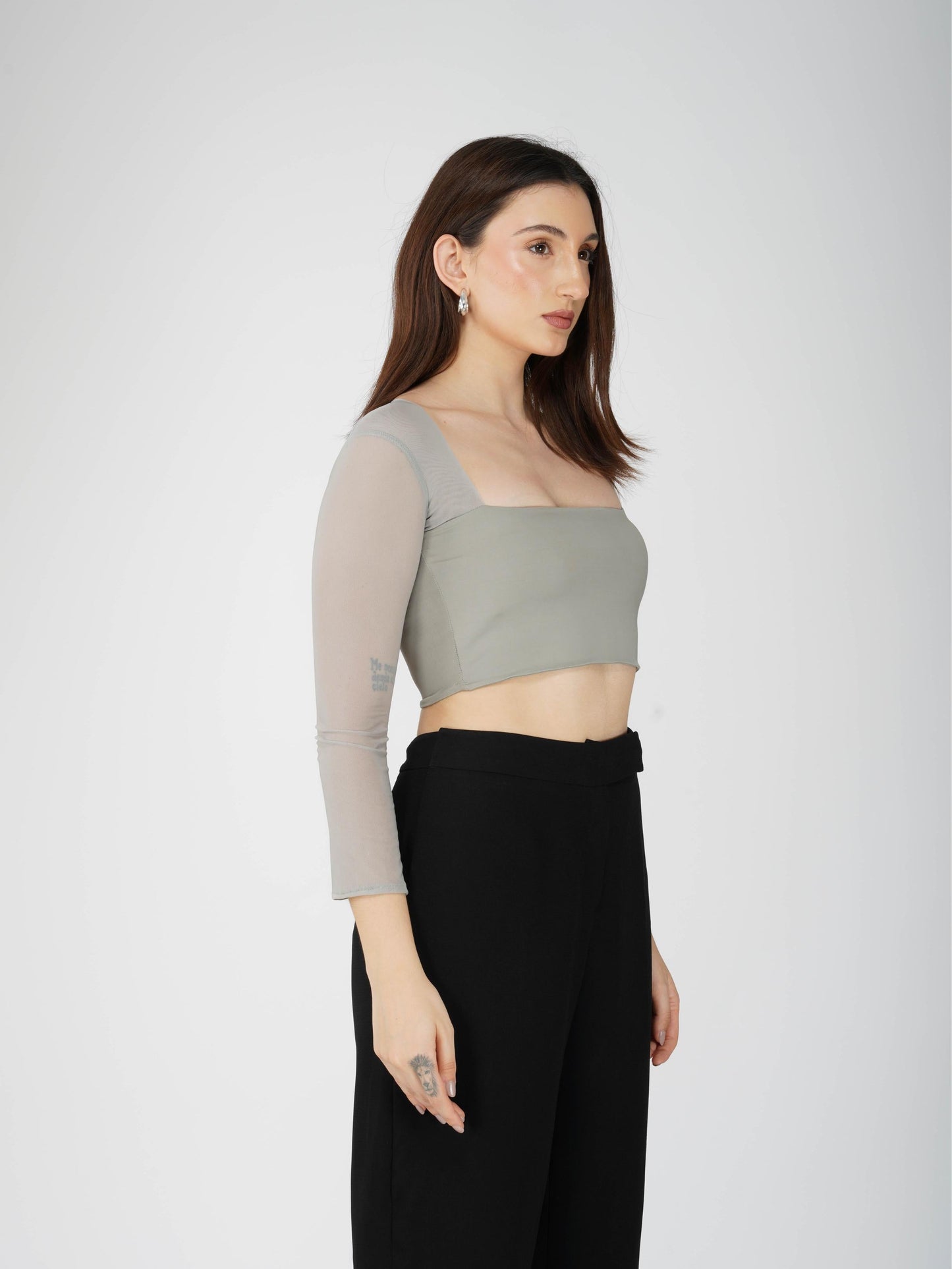 Grey Mesh Square Neck Crop Top -  Amber Top (Ash)