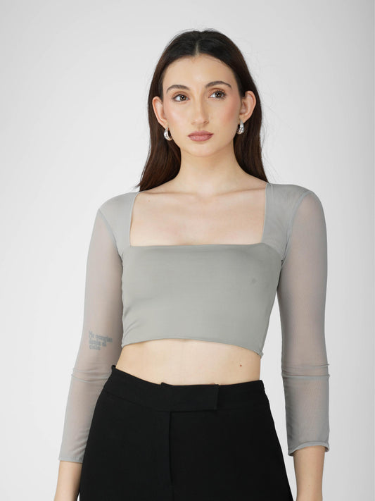 Grey Mesh Square Neck Crop Top -  Amber Top (Ash)
