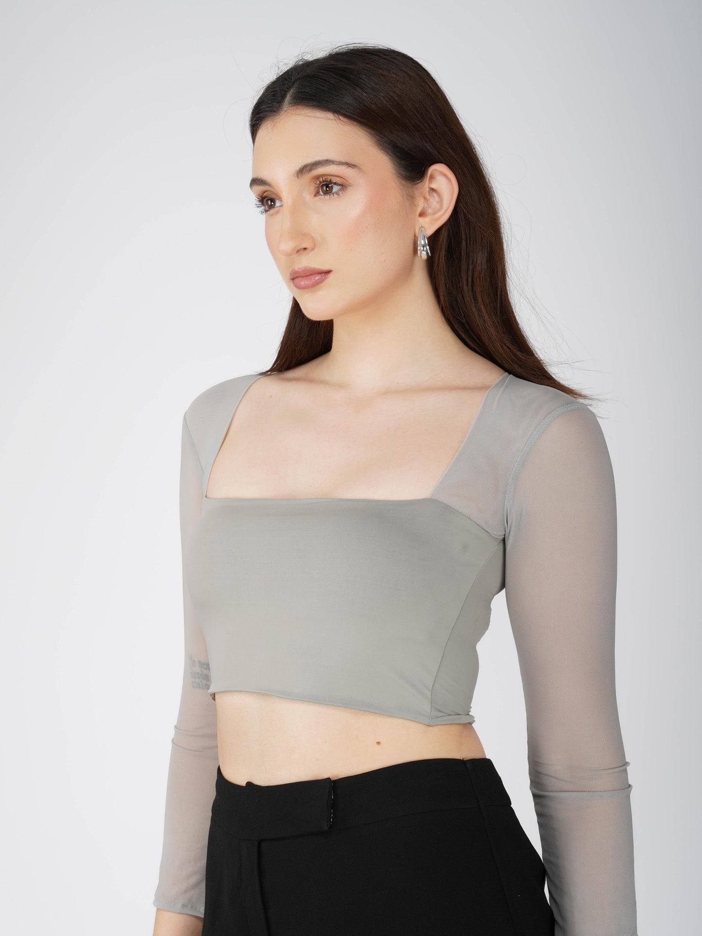 Grey Mesh Square Neck Crop Top -  Amber Top (Ash)