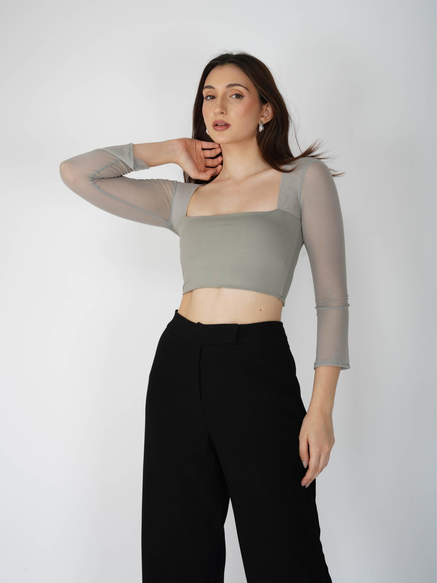 Grey Mesh Square Neck Crop Top -  Amber Top (Ash)