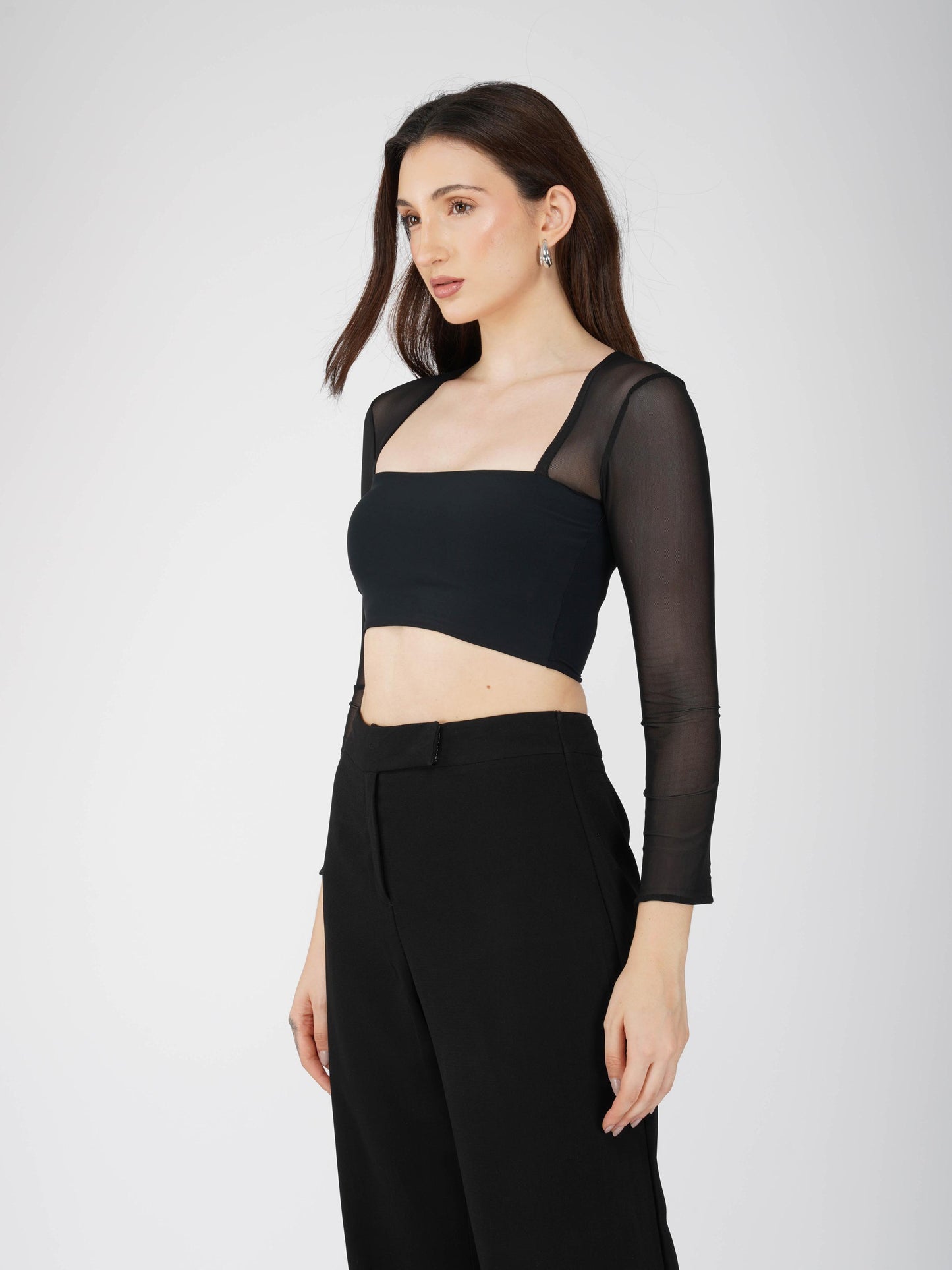 Black Mesh Square Neck Crop Top -  Amber Top (Onyx)