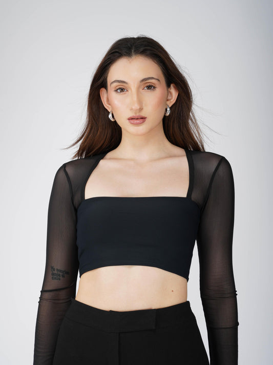Black Mesh Square Neck Crop Top -  Amber Top (Onyx)