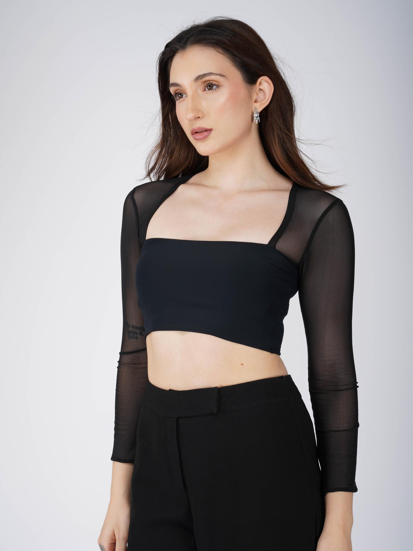 Black Mesh Square Neck Crop Top -  Amber Top (Onyx)