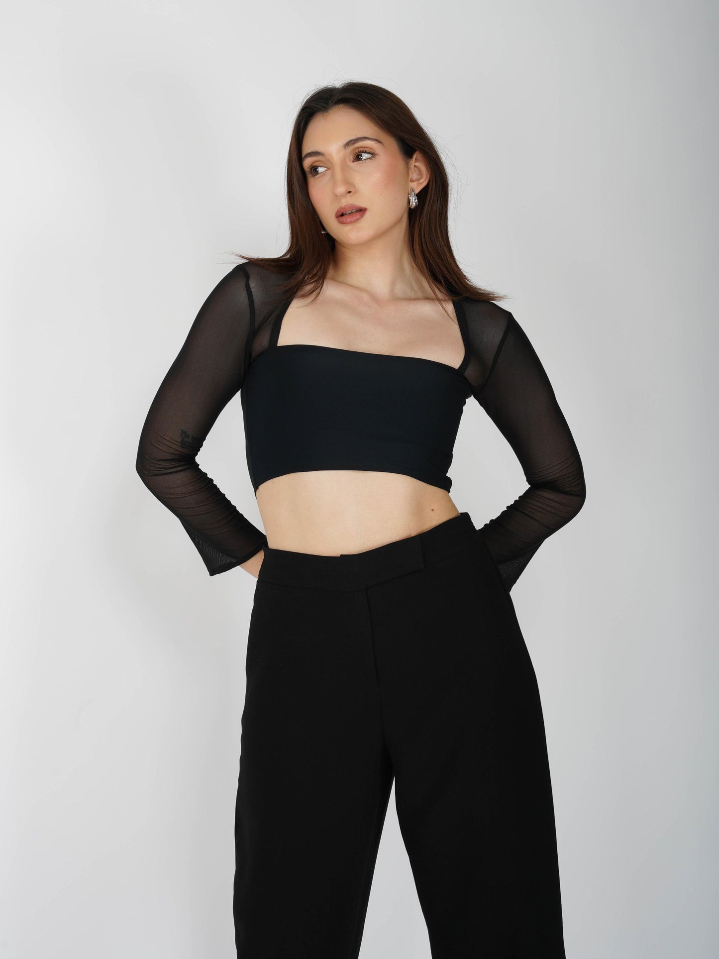Black Mesh Square Neck Crop Top -  Amber Top (Onyx)