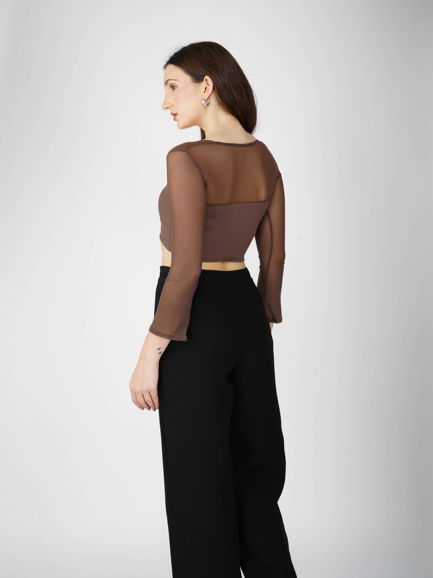 Brown Mesh Square Neck Crop Top -  Amber Top (Coco)