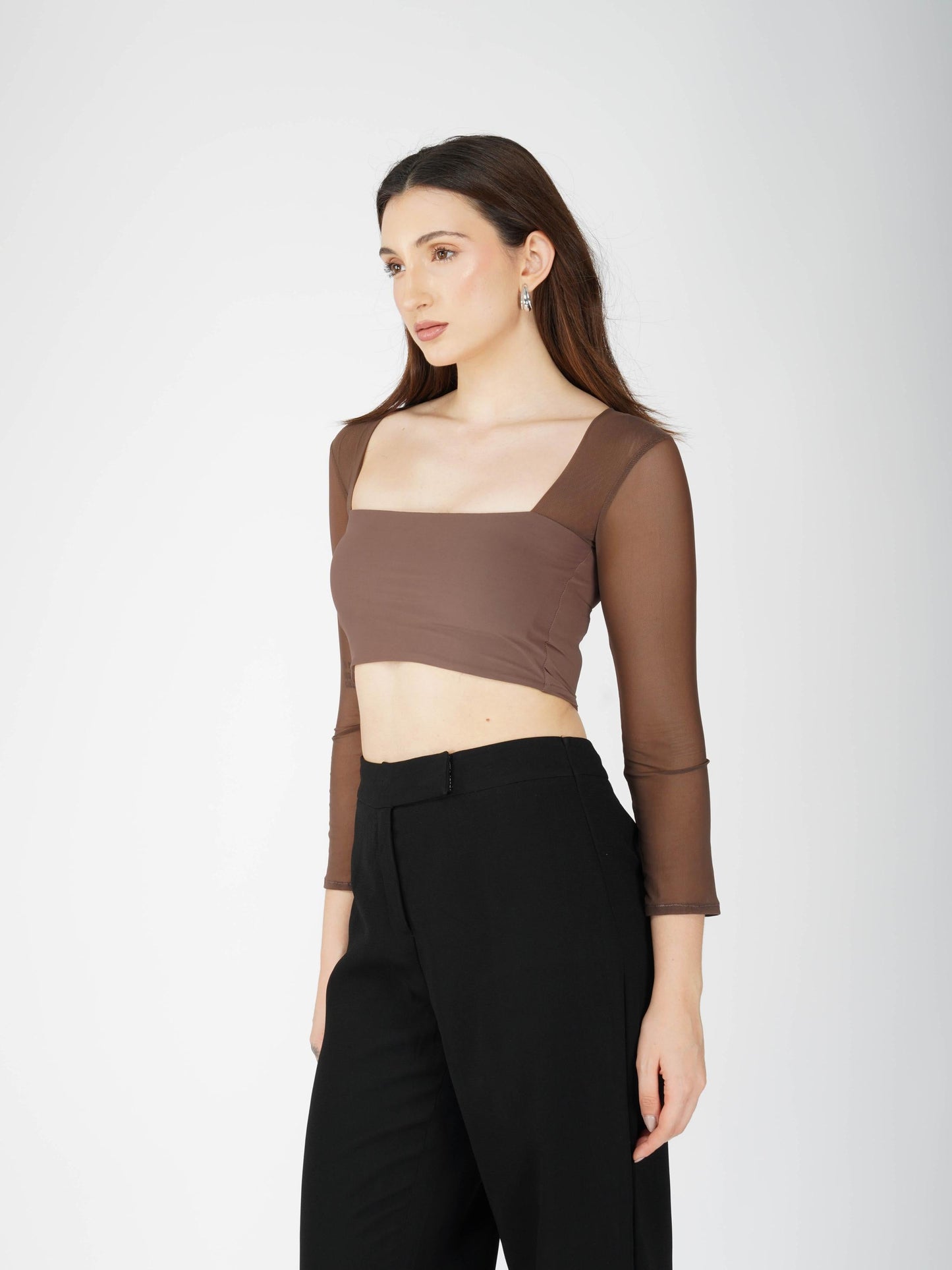 Brown Mesh Square Neck Crop Top -  Amber Top (Coco)