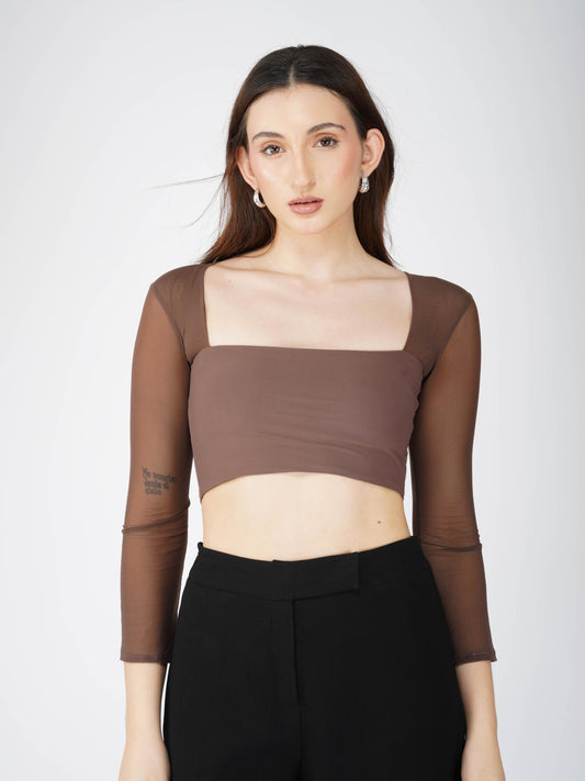 Brown Mesh Square Neck Crop Top -  Amber Top (Coco)