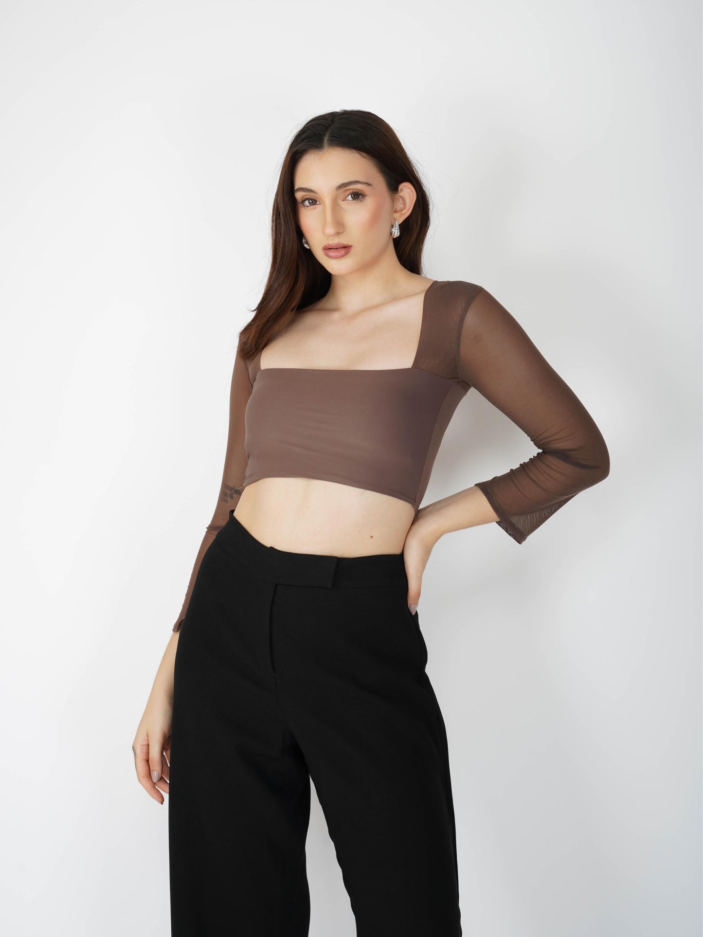 Brown Mesh Square Neck Crop Top -  Amber Top (Coco)