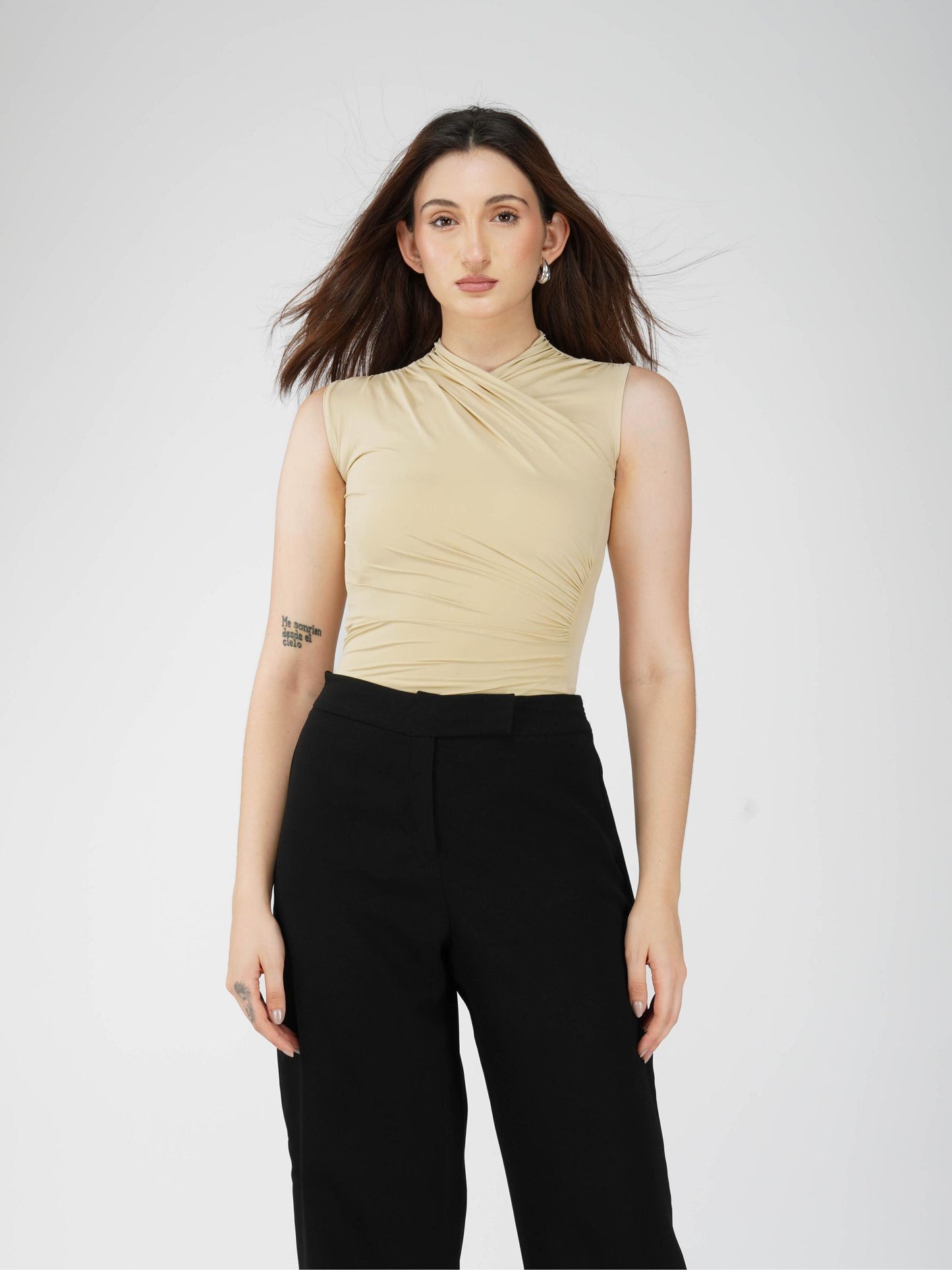 Beige Overlap Bodysuit - Glint Bodysuit (Sand)
