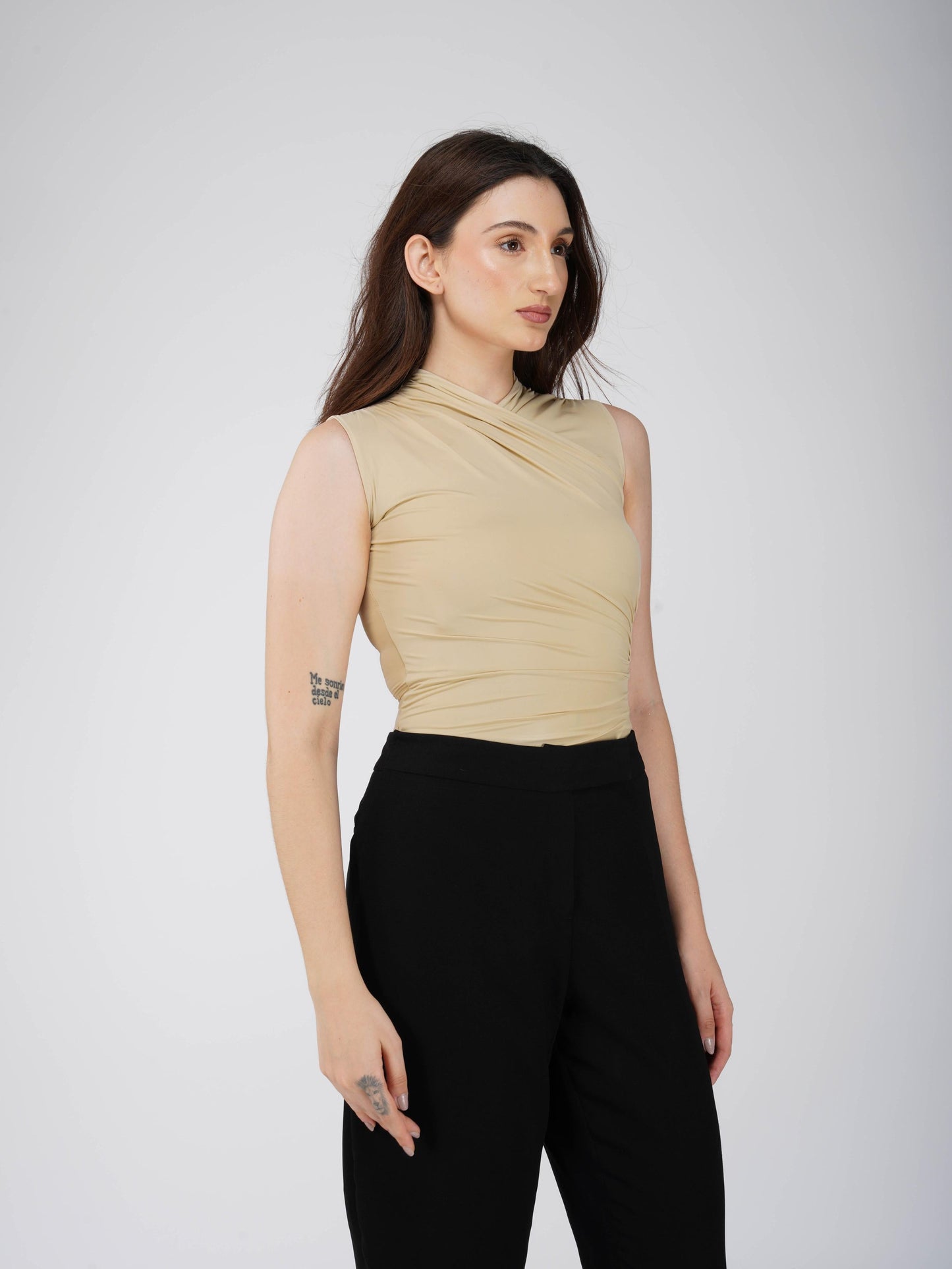 Beige Overlap Bodysuit - Glint Bodysuit (Sand)