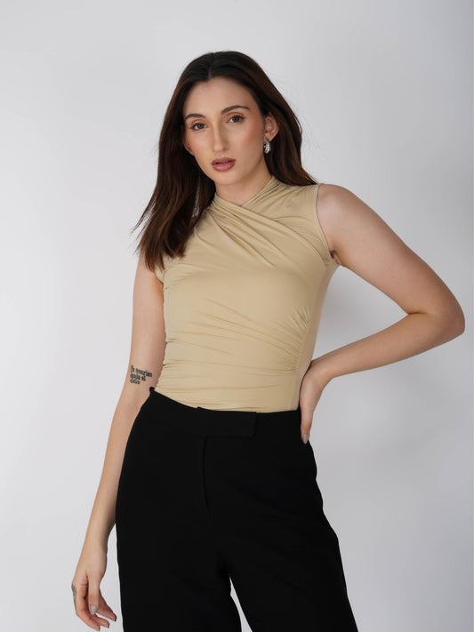 Beige Overlap Bodysuit - Glint Bodysuit (Sand)