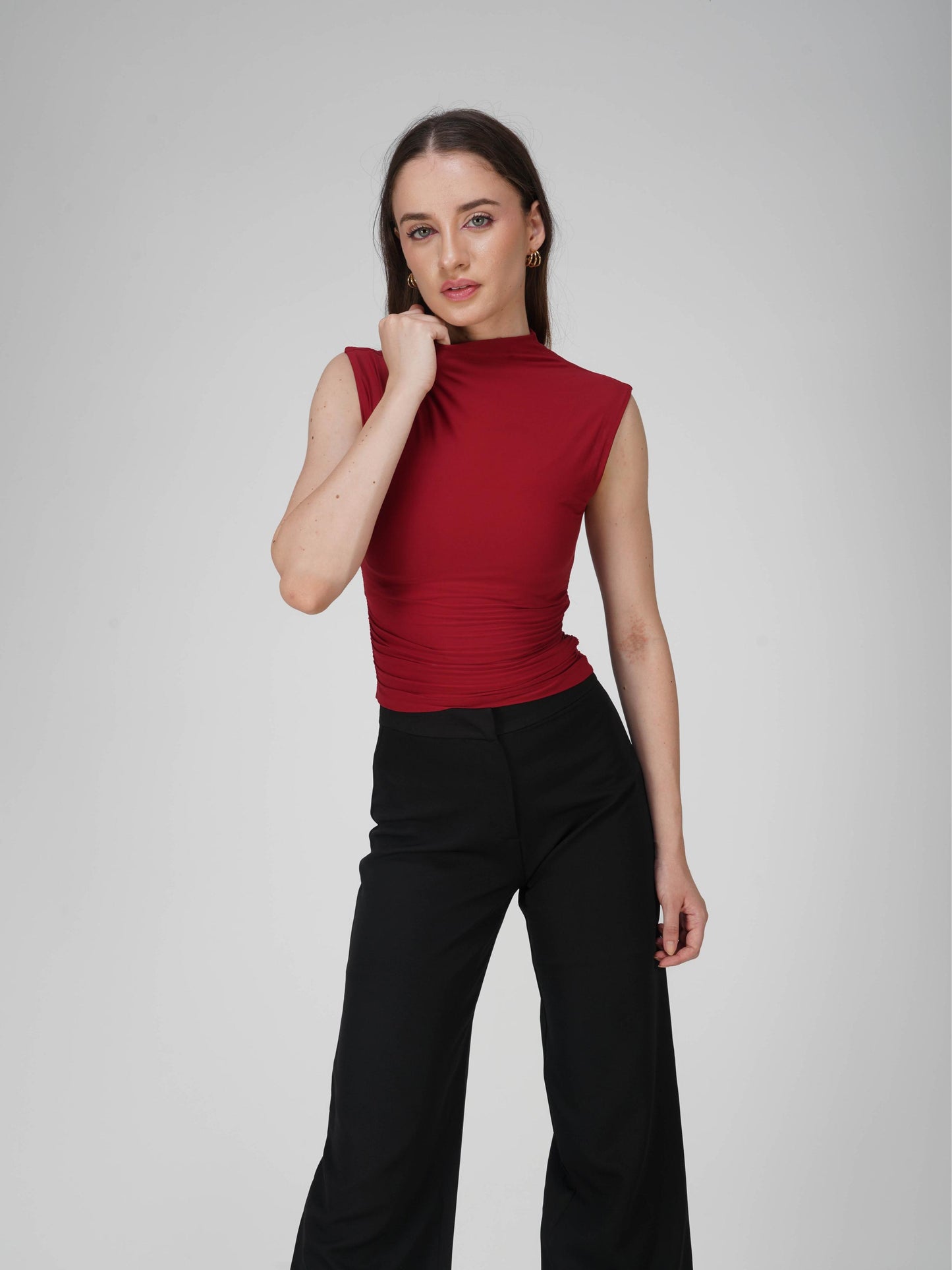 Red Collared Yoke Top  - Beam Tee (Cherry)