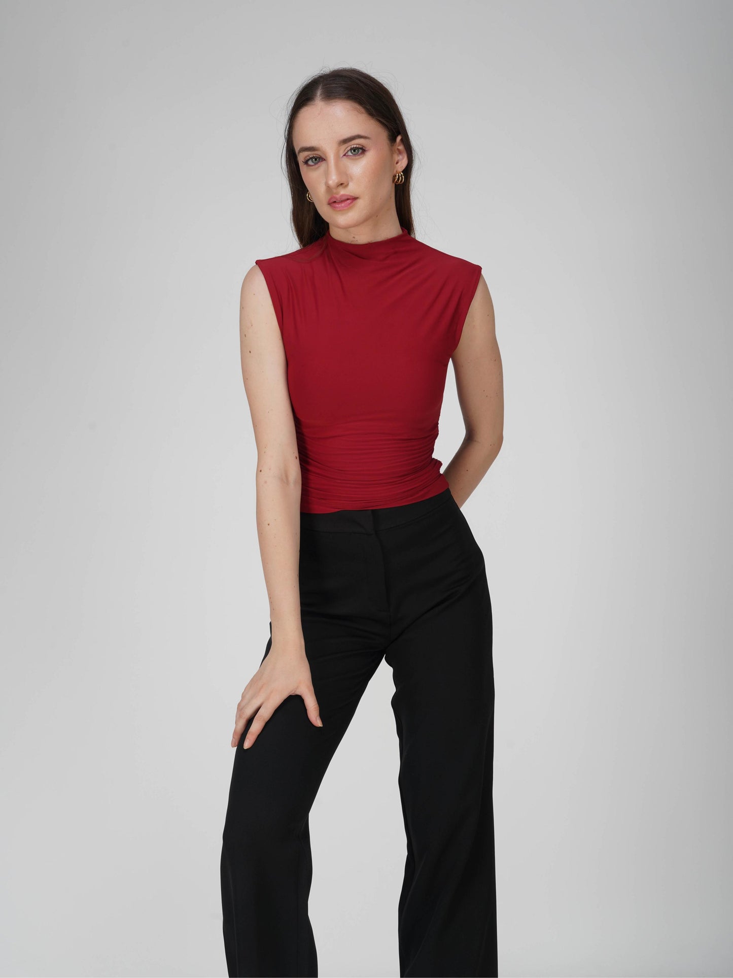 Red Collared Yoke Top  - Beam Tee (Cherry)