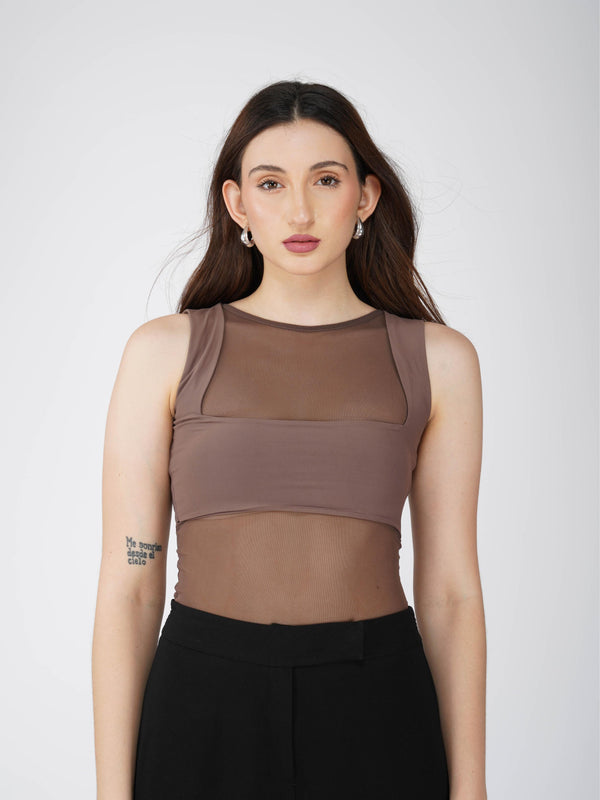 Brown Mesh Bodysuit - Clear Bodysuit (Coco)