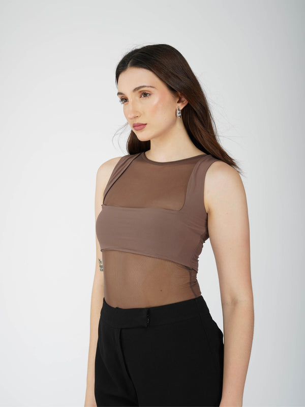 Brown Mesh Bodysuit - Clear Bodysuit (Coco)