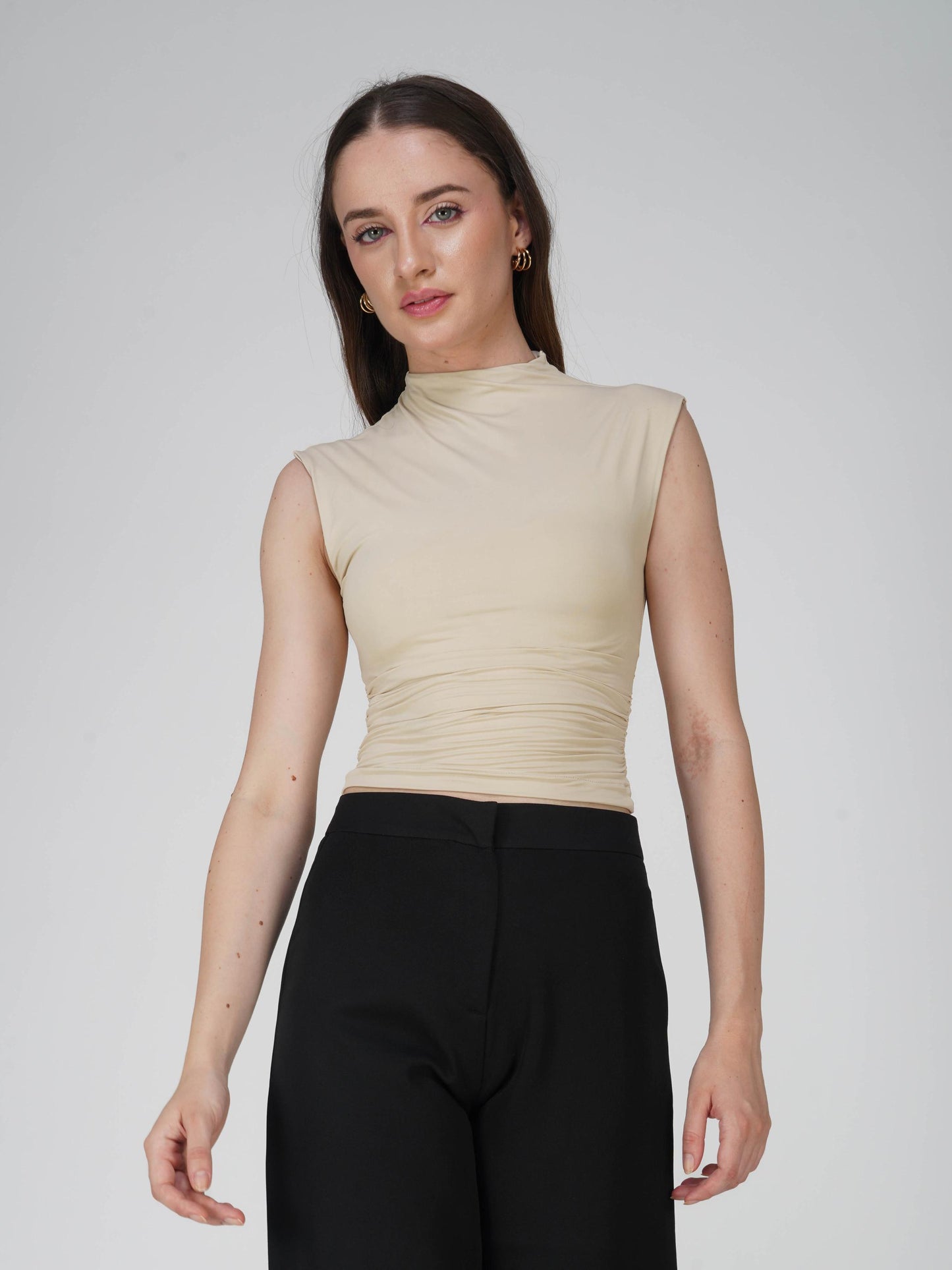 Beige Collared Yoke Top - Beam Tee (Sand)