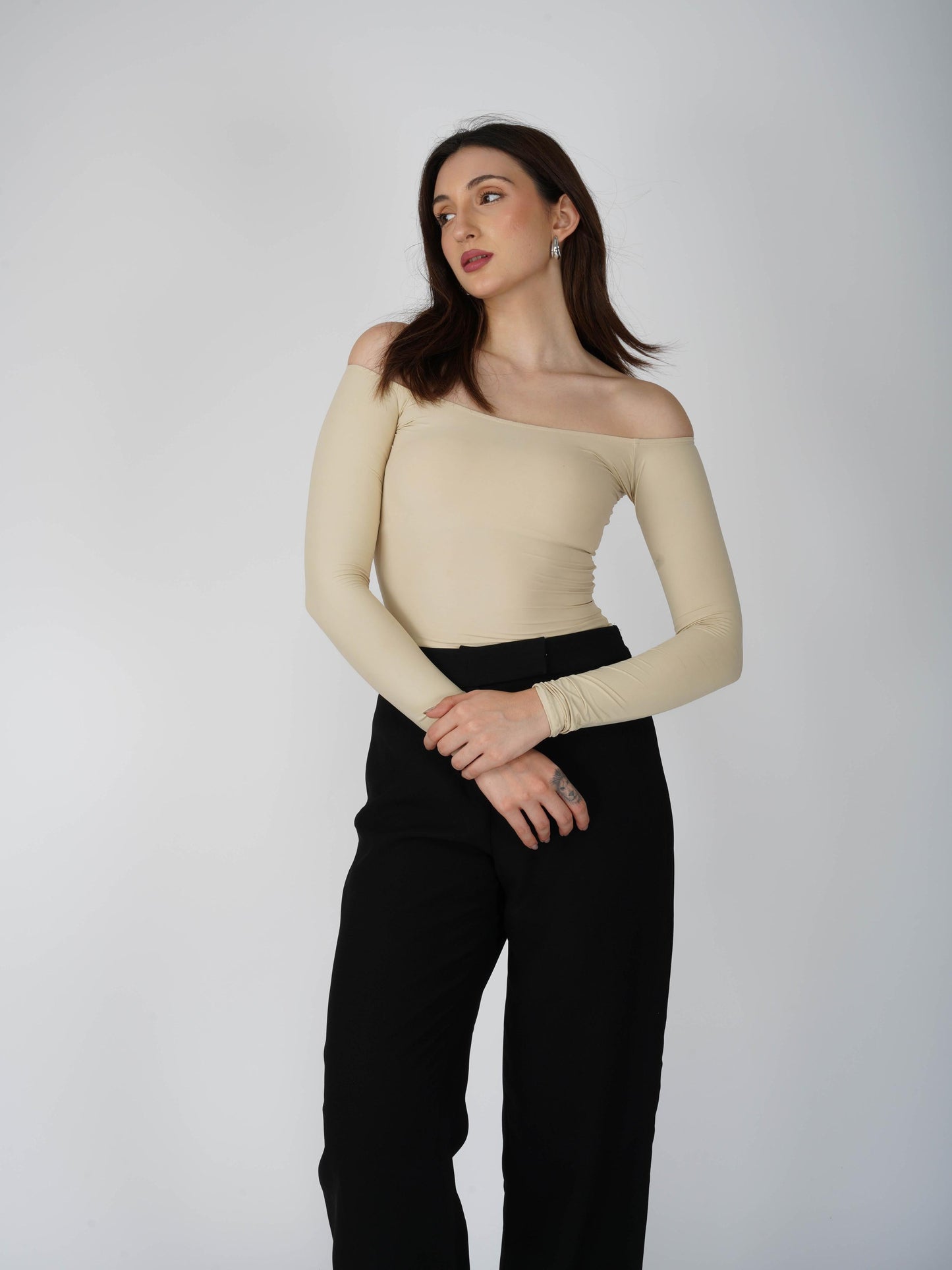 Beige Off-Shoulder Bodysuit - Glaze Bodysuit (Sand)