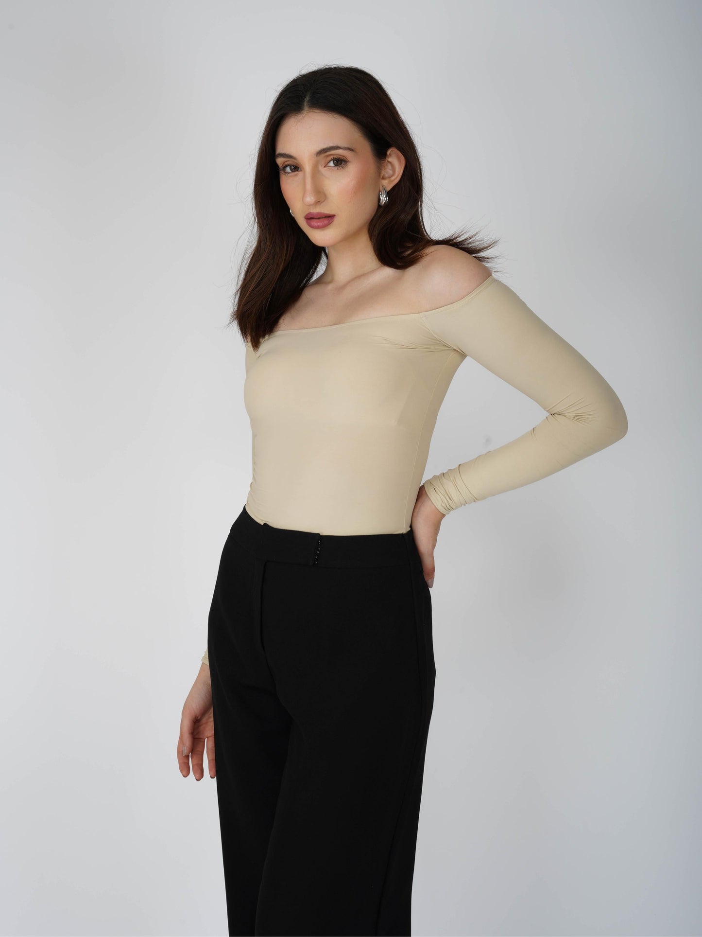 Beige Off-Shoulder Bodysuit - Glaze Bodysuit (Sand)