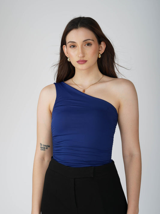 Blue One Shoulder Bodysuit - Halo Bodysuit (Navy)