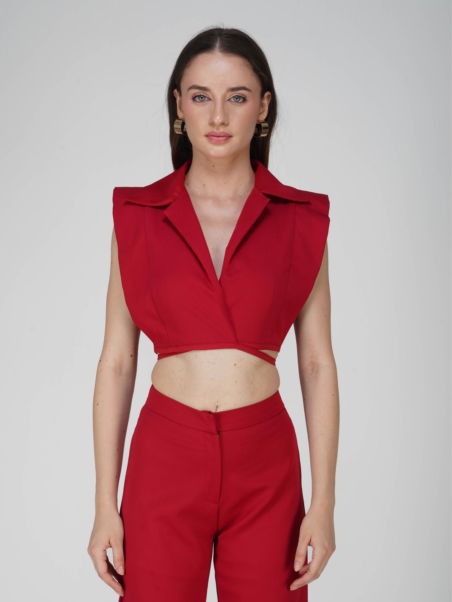Red Overlap Crop Blazer Set - Lucid Set (Cherry)