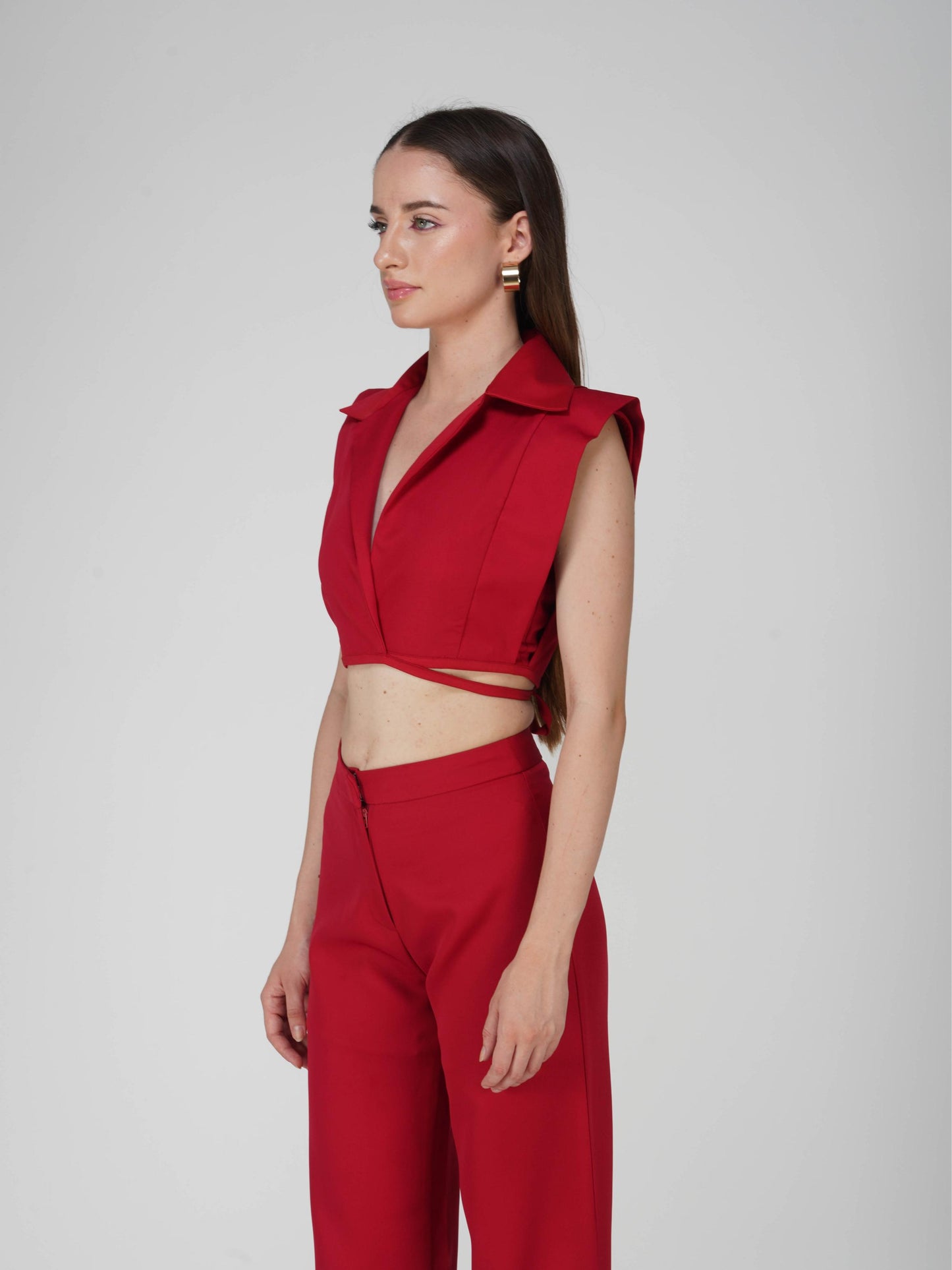 Red Overlap Crop Blazer Set - Lucid Set (Cherry)