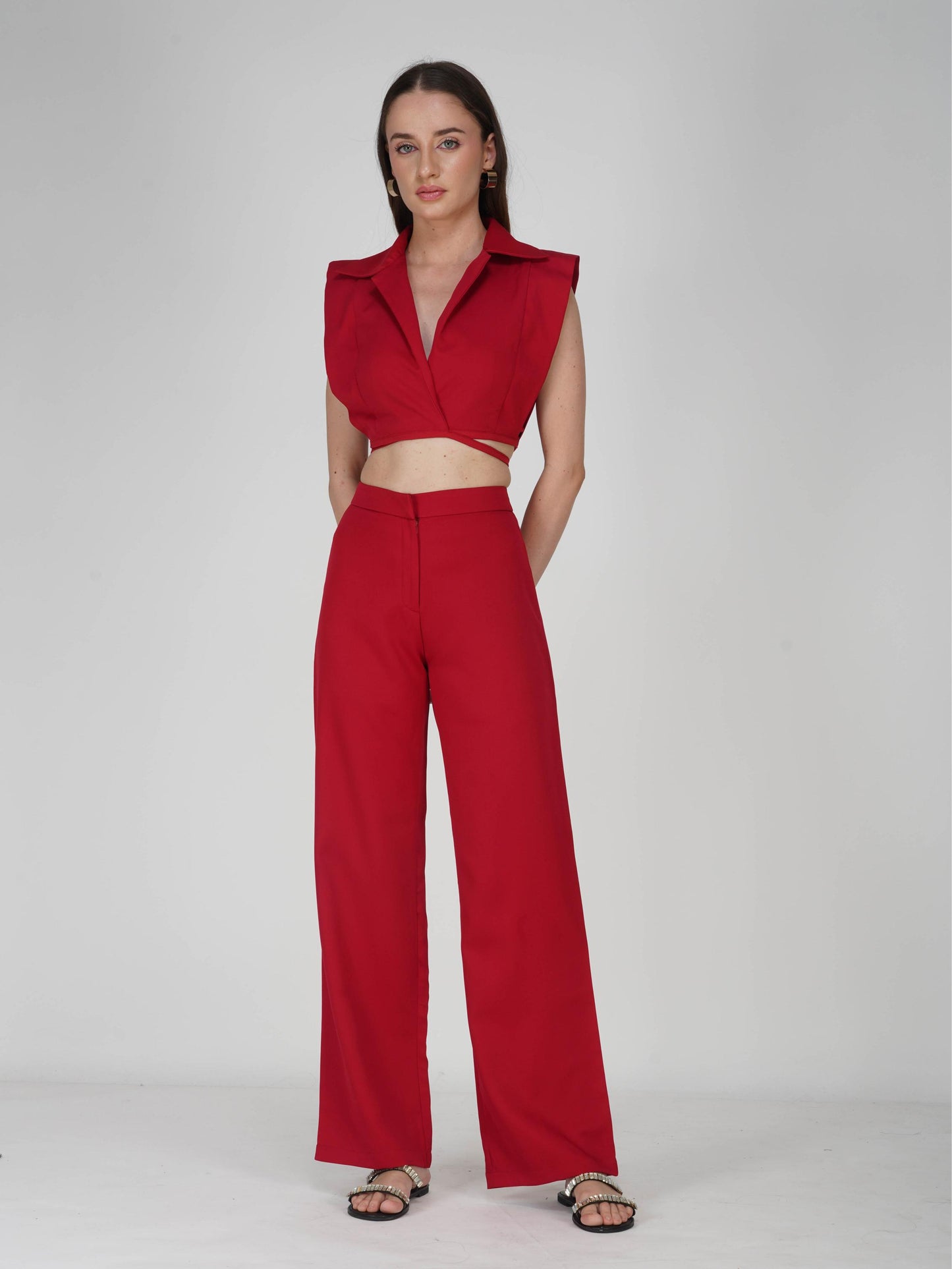 Red Overlap Crop Blazer Set - Lucid Set (Cherry)