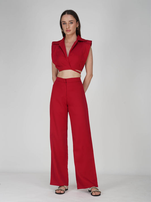 Red Overlap Crop Blazer Set - Lucid Set (Cherry)