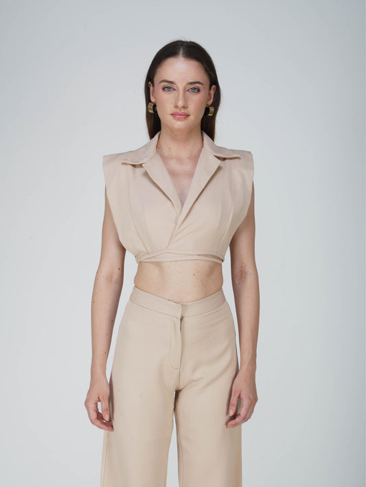 Beige Overlap Crop Blazer Set - Lucid Set (Sand)
