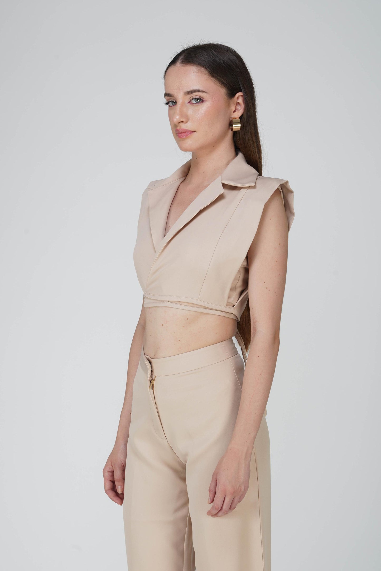 Beige Overlap Crop Blazer Set - Lucid Set (Sand)