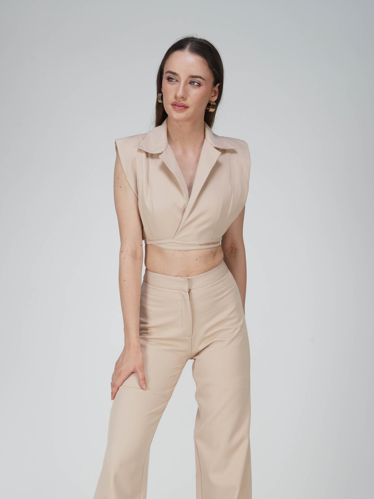 Beige Overlap Crop Blazer Set - Lucid Set (Sand)