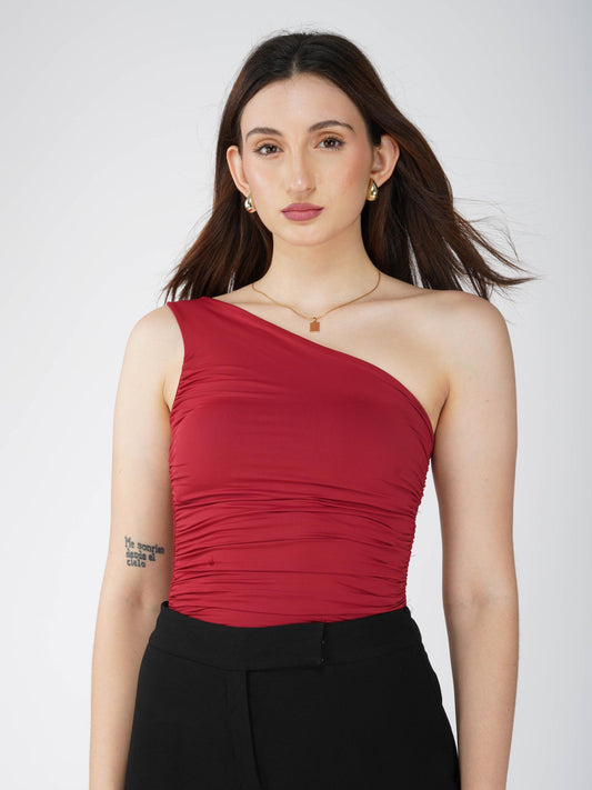 Red One Shoulder Bodysuit - Halo Bodysuit (Cherry)